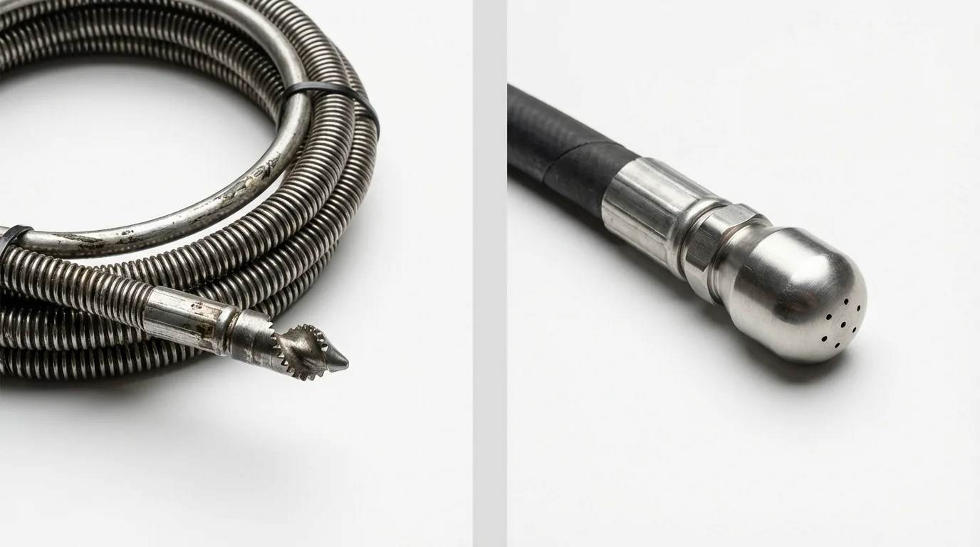 Drain snake cable and hydro jetting nozzle used for drain cleaning in Batavia, NY