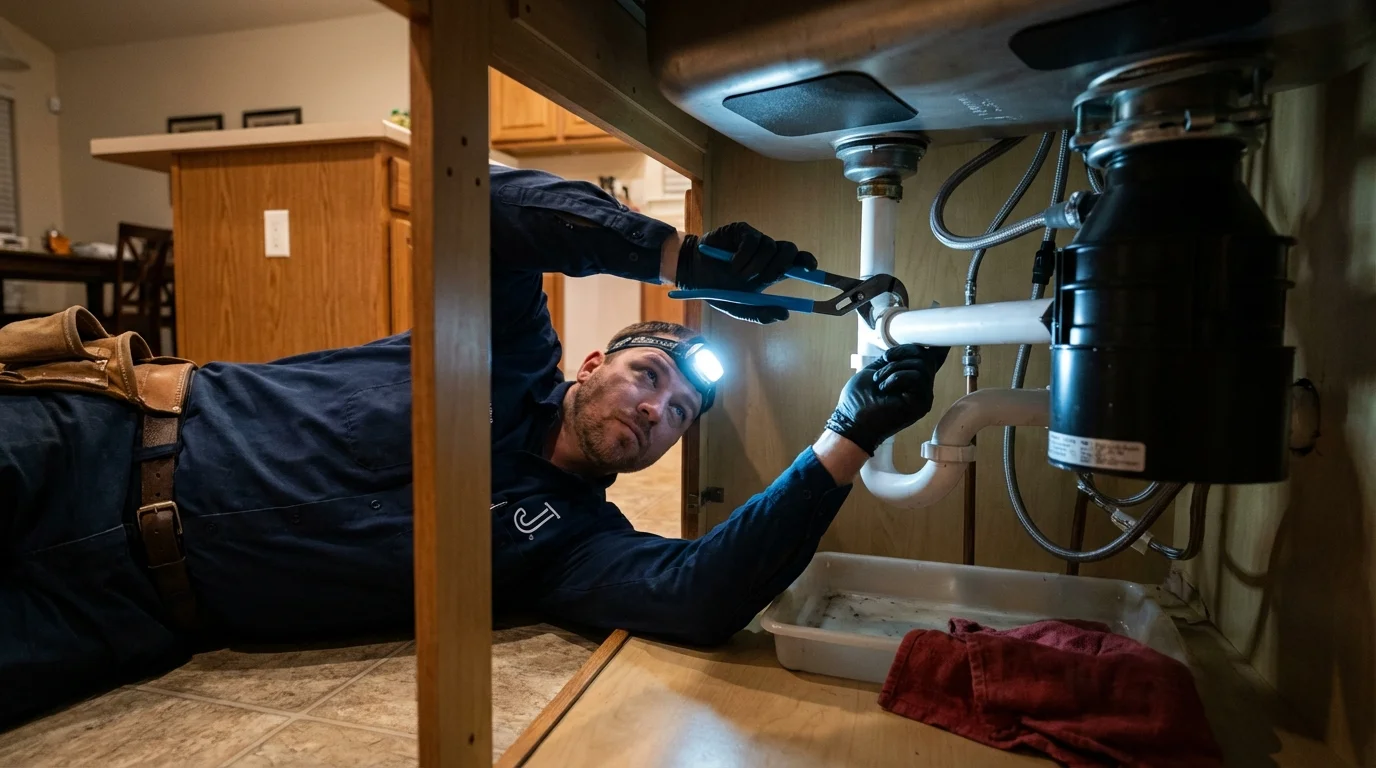 P-trap and supply line connections under a kitchen sink showing a common leak point in Batavia, NY